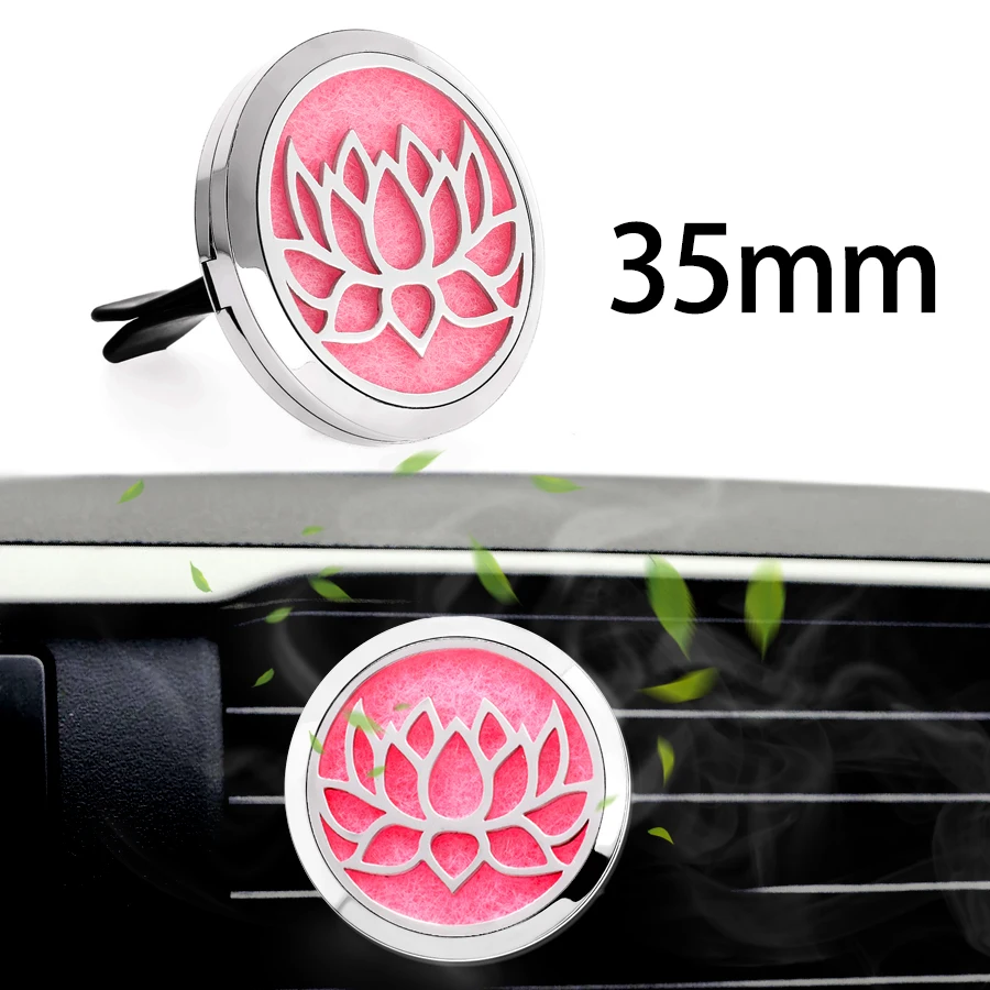 

Lotus flower Magnetic 35mm Stainless car air freshener Aroma Essential Oil Car Diffuser Locket Vent Clip free 10pcs pads