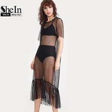SheIn Summer Beach Dress Women Black Ruffle Hem Sheer Dotted Mesh Dress Ladies Short Sleeve High Low Sexy Midi Dress