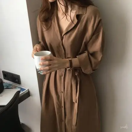 

chic Long Sleeve long Shirt Dress 2019 New Autumn Spring Office Dresses OL Turn Down Collar Buttons Loose Dresses LJ113