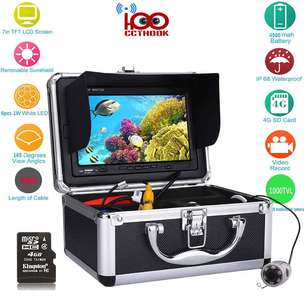 

50m Cable Fish Finder with Color CCD HD 1000TVL Underwater Fishing Video Camera 7 Inch Color TFT Monitor with HD TF DVR Recorder