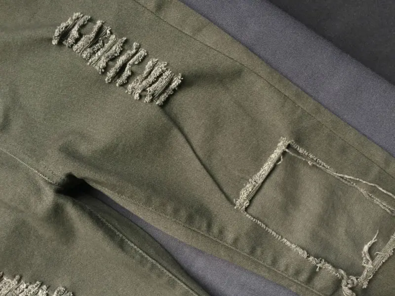 Женские брюки с высокой талией темно-зеленый тонкий стрейч джинсы Destroy узкий ногу с «дырками» искусственно состаренные брюки джинсы
