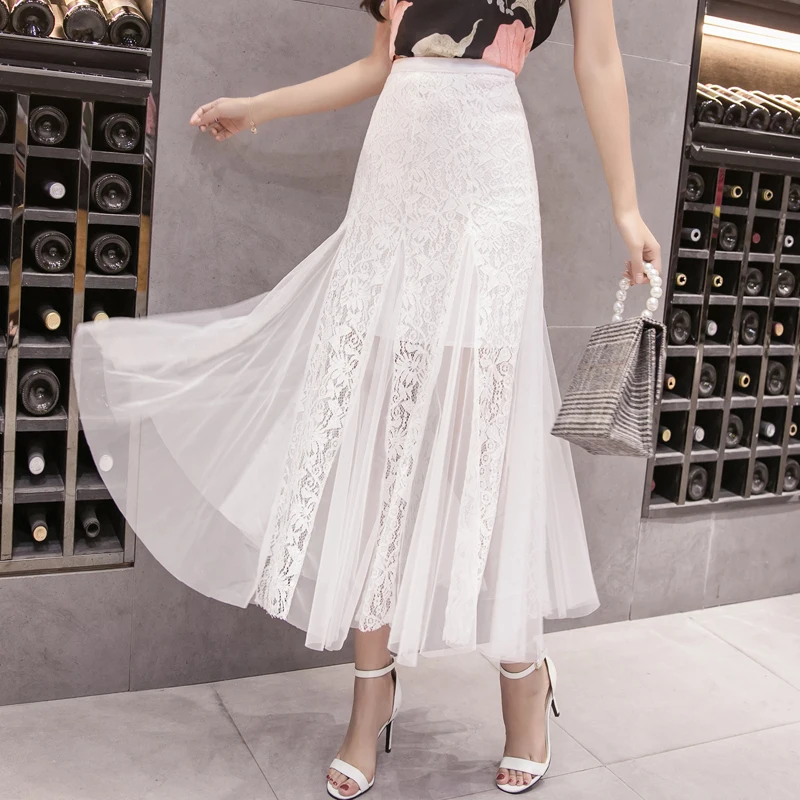 Сетчатые длинные юбки летние новые трапециевидные однотонные белые черные прозрачные офисные женские Рабочие юбки наивысшего качества