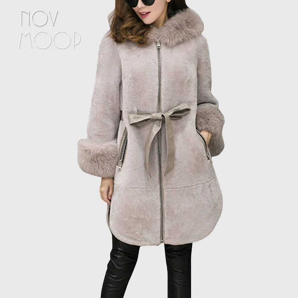 

Beige grey natural sheep shearing wool fur coat women real fox fur hooded cuff design lambskin wool long outwear LT1895