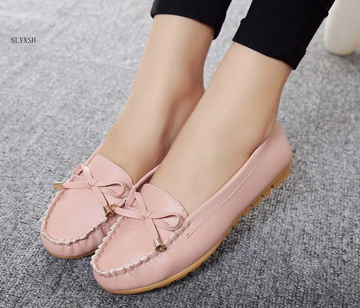 

SLYXSH New Fashion Flat Women Bowtie shoes Slip on White PU shoes feminino Autumn Spring Ladies Shoes size 35-40