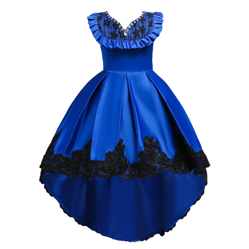 Fashion Halloween Kids Dress Girls Princess Costume Vintage Black Lace Ruffle Collar Rhinestone V Neck Blue Wedding | Детская одежда и