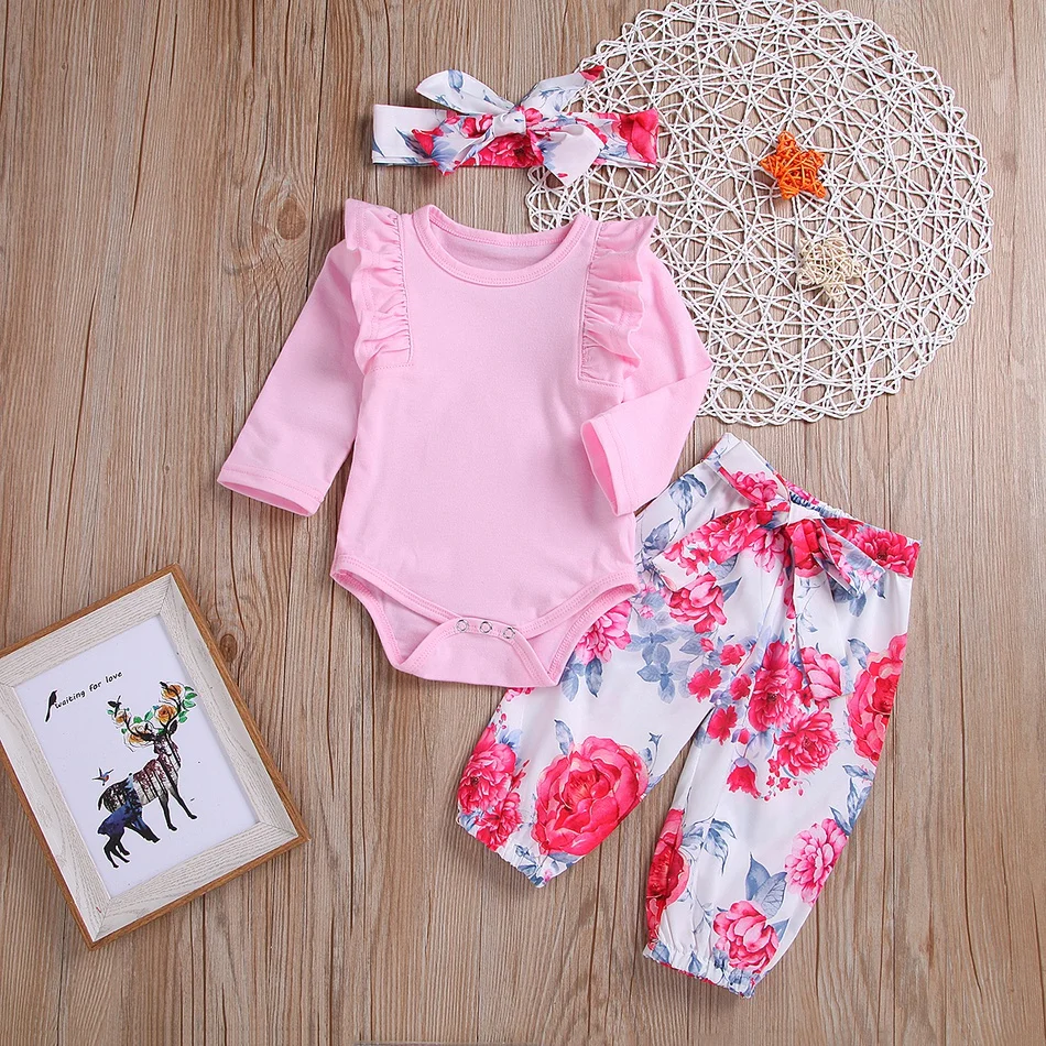 

Newborn Infant Baby Girl Floral Outfits Long Flare Sleeve Solid Romper Tops Flower Belt Pants Clothes Set