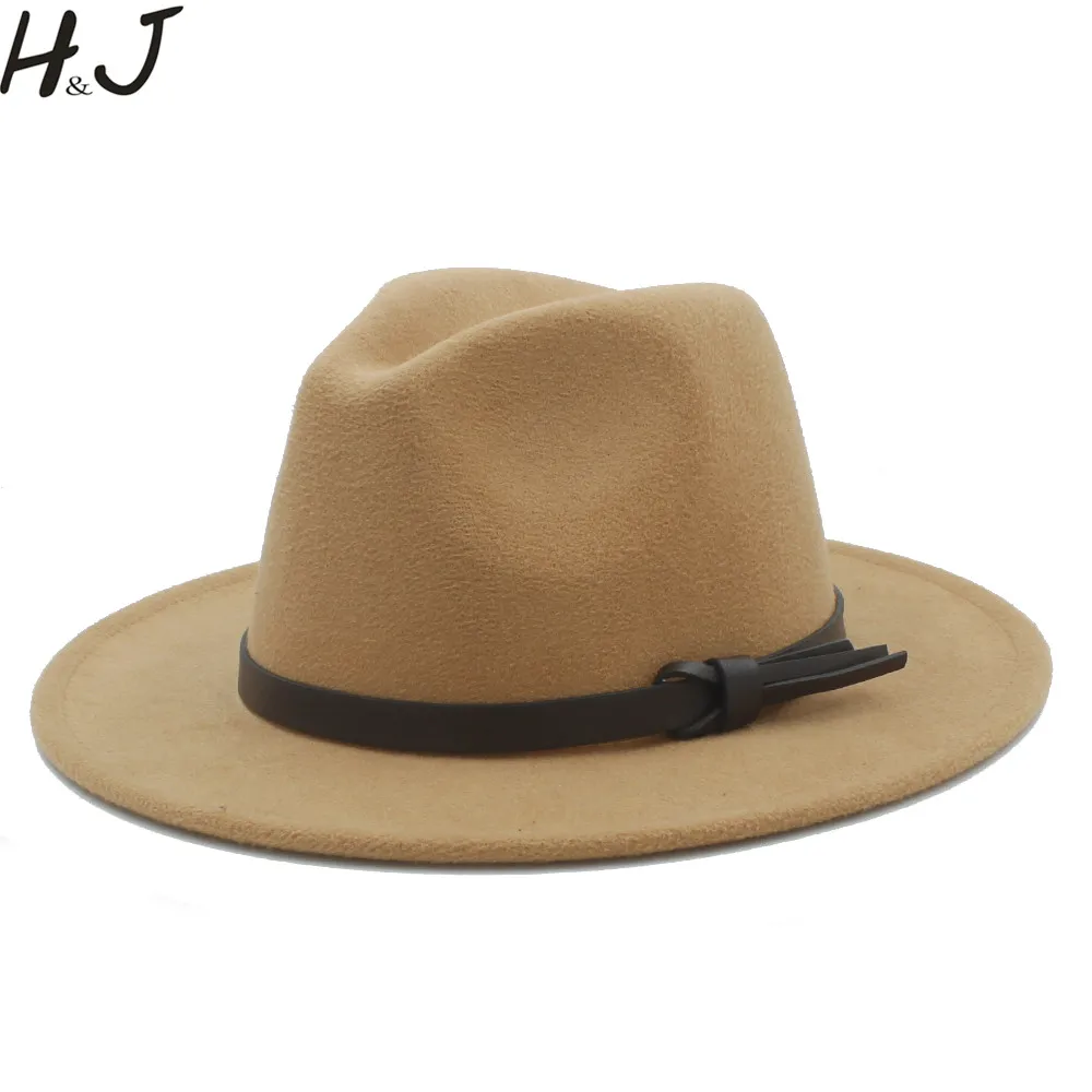 

Women Men Wool Fedora Hat With Leather Ribbon Gentleman Elegant Lady Winter Autumn Wide Brim Jazz Church Panama Sombrero Cap