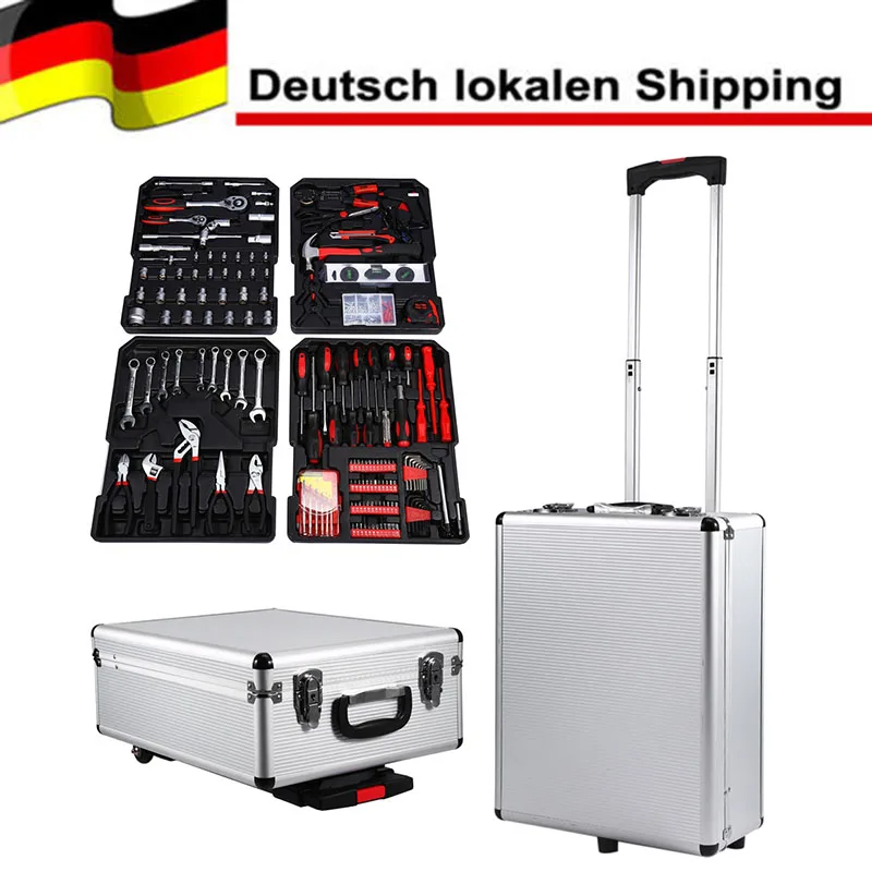 

45x36x17cm 399pcs Aluminum waterproof trolley case toolbox Hand Tool Set Case Mechanics Kit Box Organize Castors Toolbox Trolley