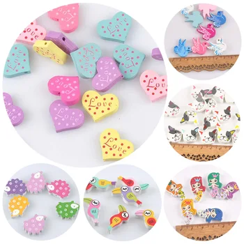 

50PCS 23*19MM Mixed Color Space Wooden Beads Heart-shape Hedgehog Parrot Swan Elephant Dog Bird Princess beads for DIY Jewelry