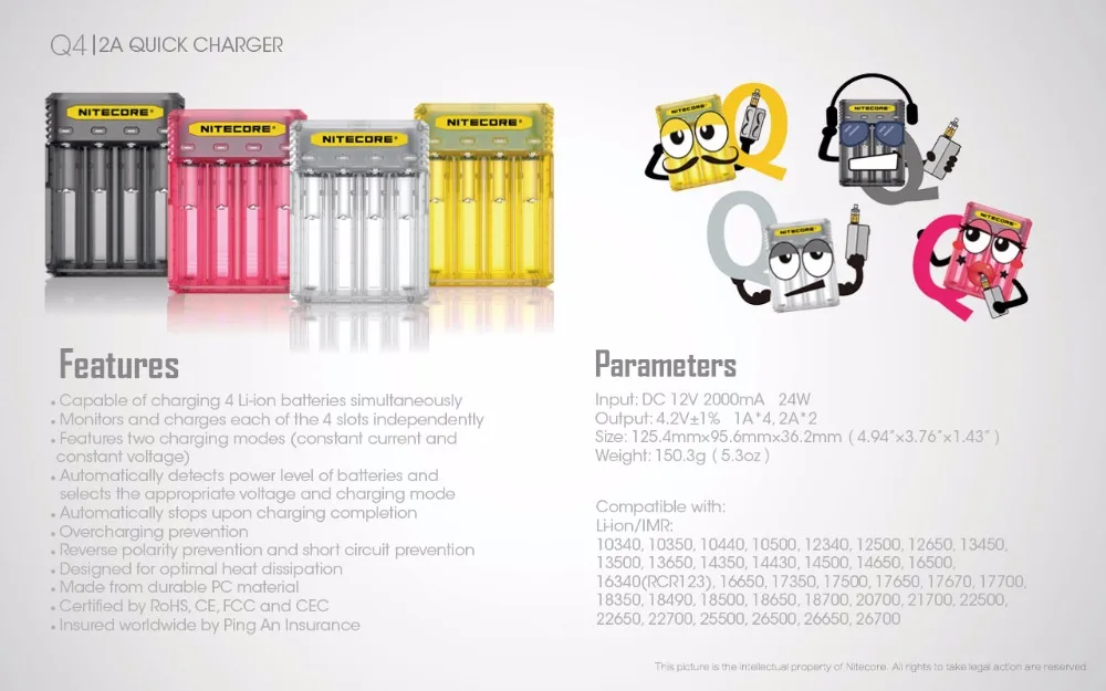 Оригинальное Nitecore Q4 милое зарядное устройство для 18650 14500 16340 26650 IMR li ion/12 V Входное