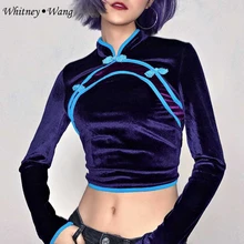 WHITNEY WANG осень зима мода уличная Винтажный стиль Китайские пуговицы Тонкий короткий бархат t shrit Женская футболка Топы