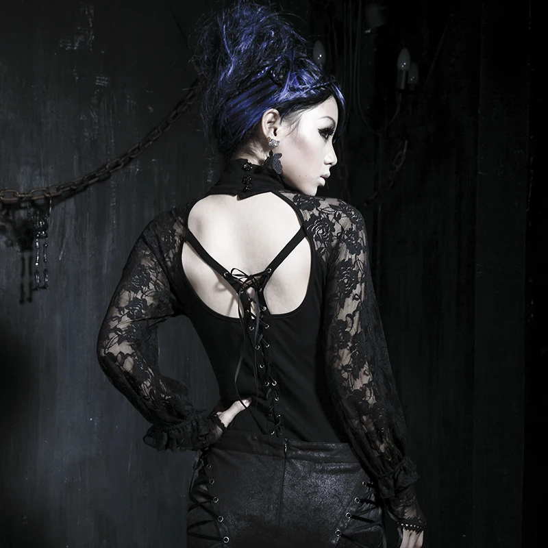 Gothic Ladies Knitting Roses Net T-Shirt with