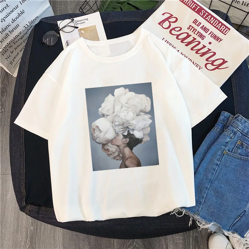 

2019 Cotton Harajuku Aesthetics Tshirt Sexy Flowers Feather Print Short Sleeve Tops Summer Casual Couple White T Shit CR6607a