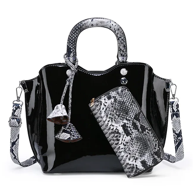 3 шт., роскошная лакированная кожаная сумка, женская сумка с цветочной кисточкой, сумка через плечо, дизайнерская Повседневная сумка, сумка-клатч с ручкой под змеиную кожу - Цвет: Black2