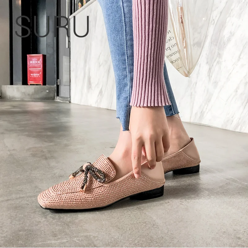 

SURU Crystal Loafers Shoes Ladies Leather Kid Suede Bow Details Square toe Shoes For Women