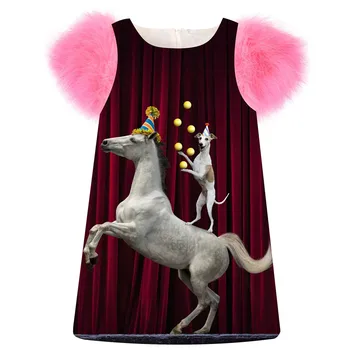 

baby Girls Dress fashion White Horse printing Spring/Autumn faux fur sleeve girls dress Toddler Kids Dresses Children Clothing