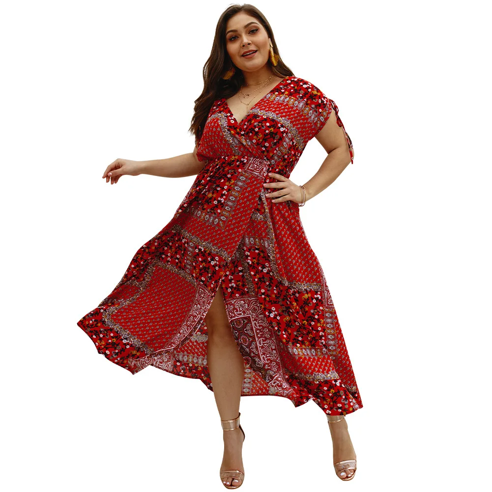 

2019 summer new bohemian sexy V-neck shoulder bow short-sleeved lace split large size ladies dress beach dress