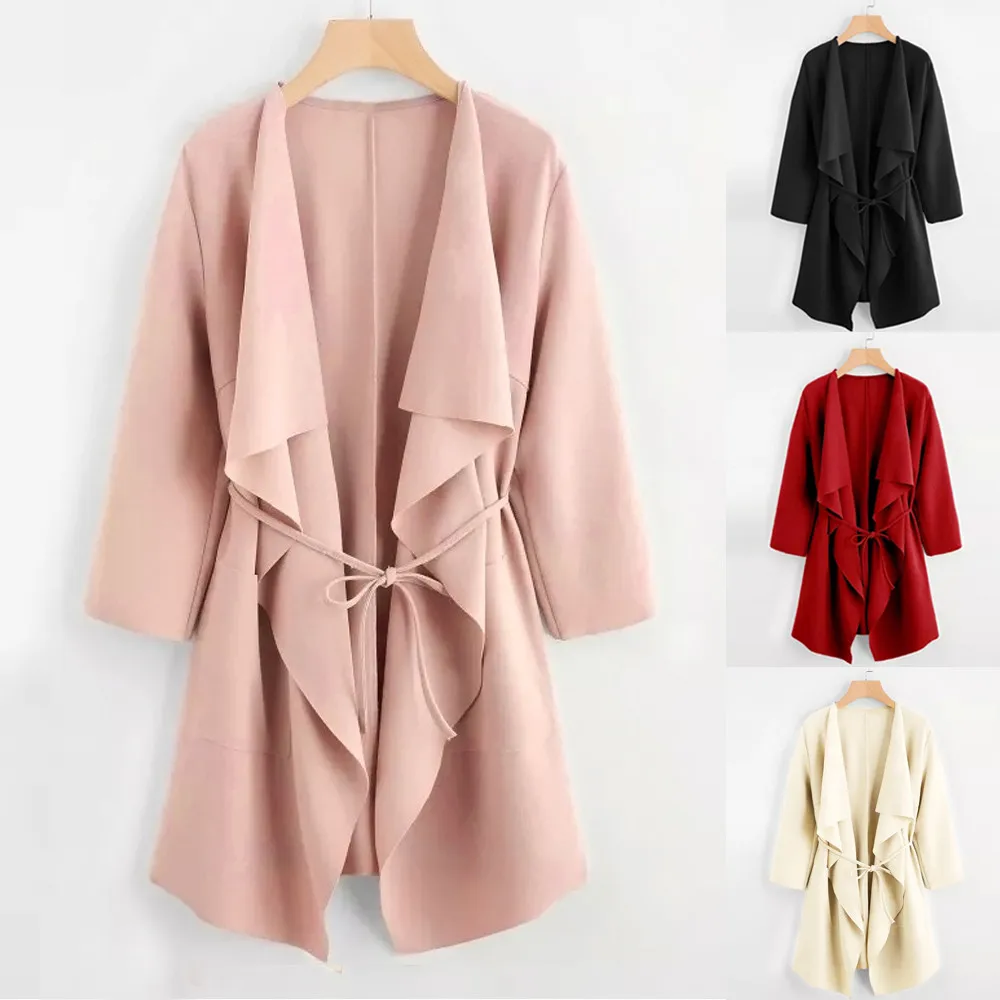 

Autumn Winter coat women casual New Fashion Coat Casual Waterfall Collar Pocket Front Wrap Coat Jacket Outwear Y718