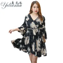 Фотография YELIANHU Summer Woman Deep V-neck Causal Dresses Print Floral loose Short Dress Plus Size Chiffon Pleated Dress 4XL 5Z6294
