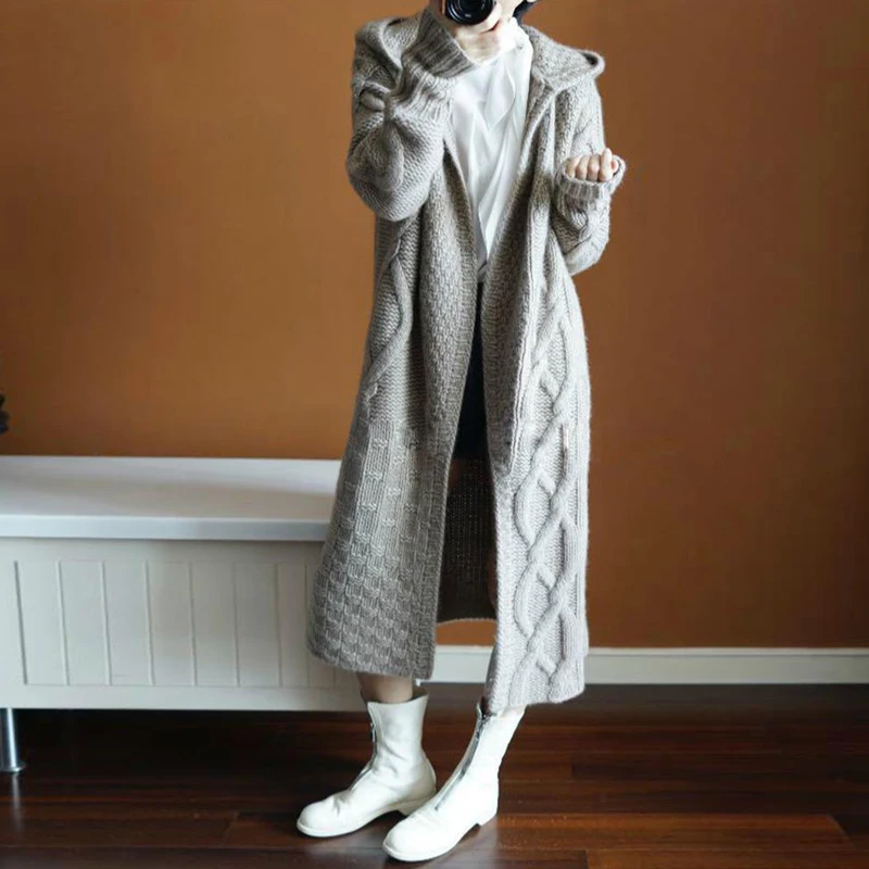 

Autumn and Winter New 2019 Sweater Female Cardigan Over The Knee Long Section Cardigan Hooded Long Thick Women's Sweaters