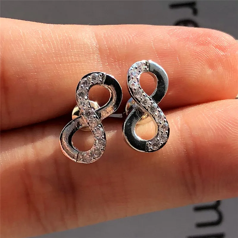 

Female Black Green Purple White Zircon Infinity Earrings Fashion 925 Silver Wedding Jewelry Crystal Wedding Earrings For Women