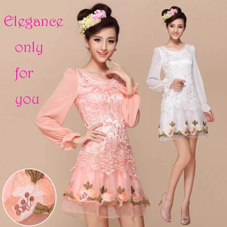 New Fashion Women Lace Dress Cute Casual Dresses Sexy Embroidery