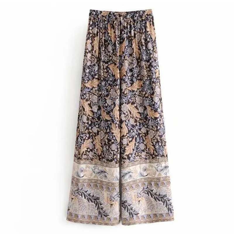 2019 Bohemian Black Spliced Floral Print Wide Leg Pants Holiday Woman Elastic High Waist Spliced Long Loose Casual Trousers