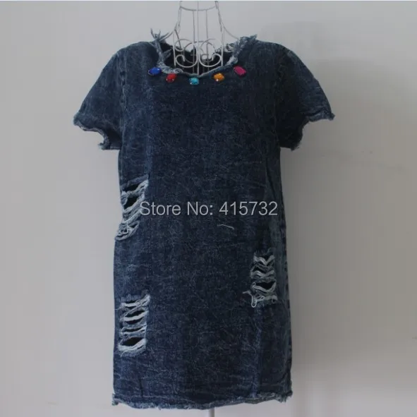 

Free Shipping 2014 New Fashion Vintage Denim Jeans Dresses For Women Summer Lace Hollow Out Short Sleeve Beaded Plus Size Dress