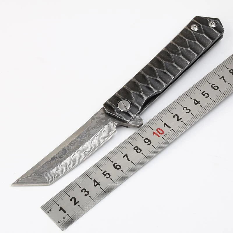 

High quality Damascus T head folding knife all steel anti-skid pattern handle 57HRC camping survival EDC hunting knife gift