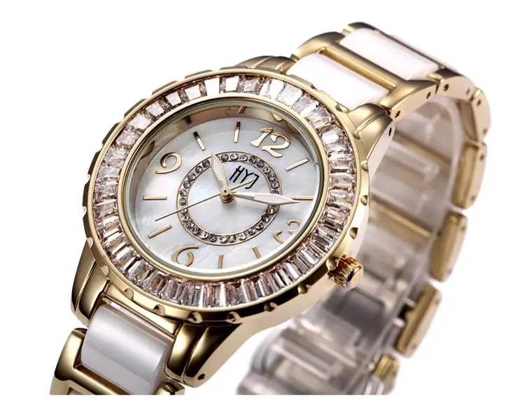 Fashion Ceramic Band Gold Women Girl Watch Diamond Bling Vintage Bracelet Quartz Wrist Watch Shock Resist