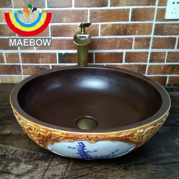 

Double Painting Artistic Handmade Engraving Ceramic Lavobo Round Countertop Bathroom Sink Wash Basin
