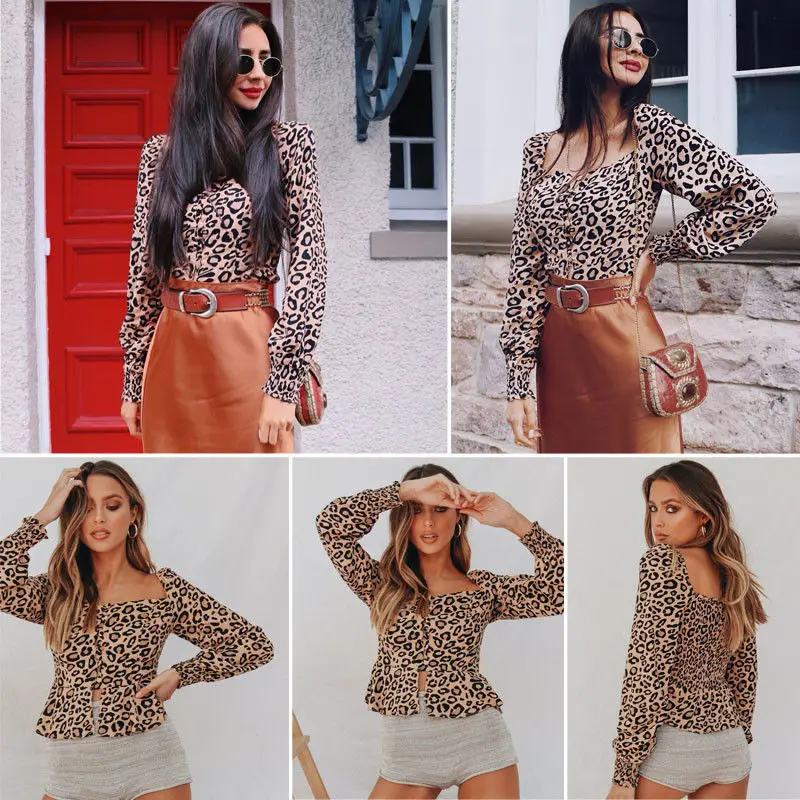 Sexy Women V Neck Leopard Print Long Sleeve Loose Shirt