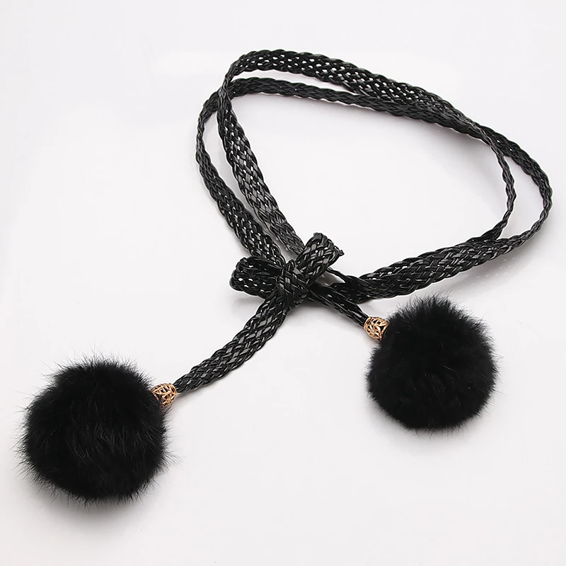 

New Hot Sale Women Thin Waist Band Faux Rabbit Fur Ball Waist Chain Handmade Weave Waist Belt Clothing Accessories