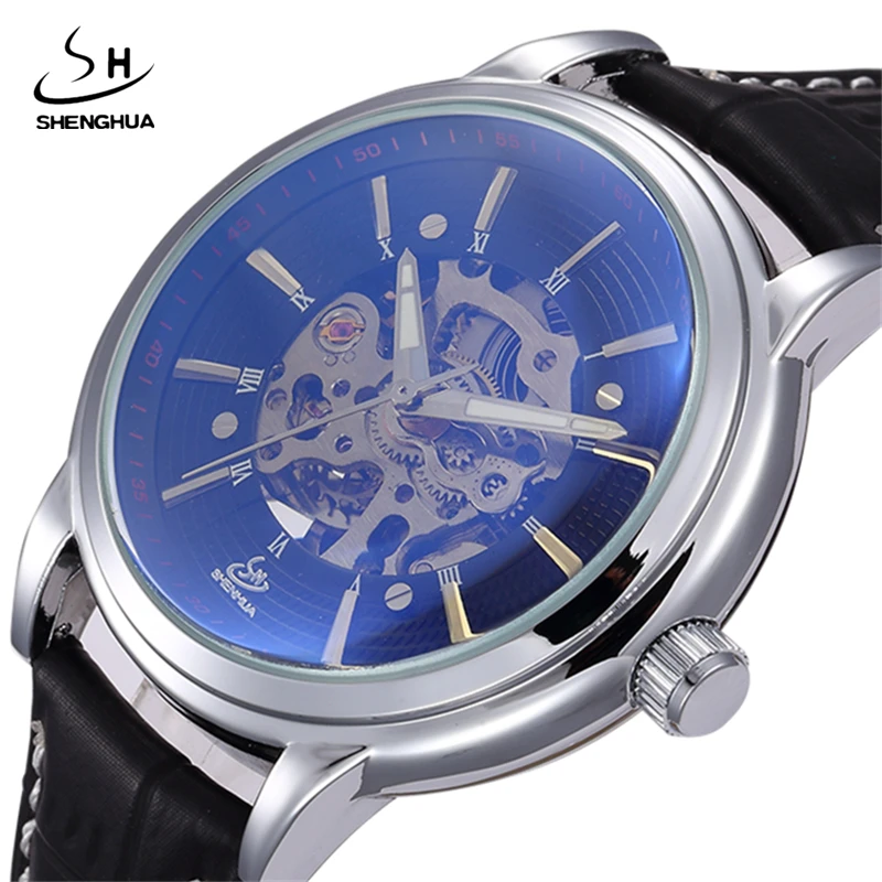 

2017 SHENHUA Blue Ocean Fashion Casual Designer Leather Men Skeleton Watch Mens Watches Top Brand Luxury Automatic Watch Clock