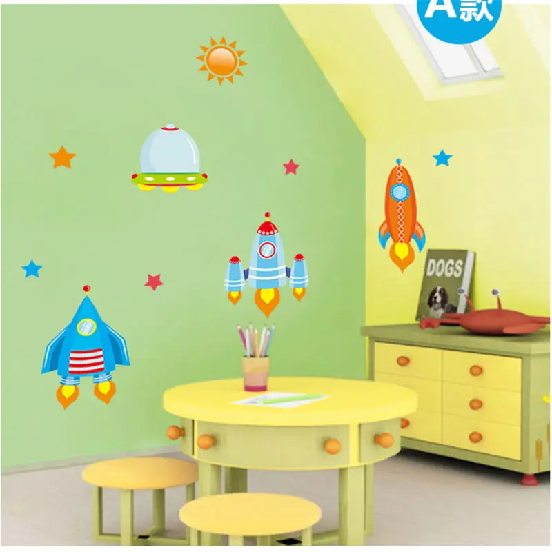 Cartoon Spaceship Rocket Wall Stickers for Kids Room Home Decoration