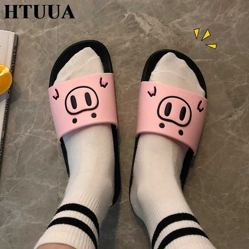 HTUUA/милые тапочки с рисунком поросенка Женские летние шлепанцы на плоской