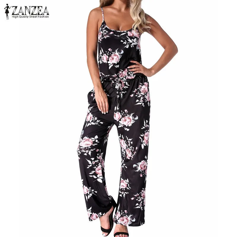 2019 الصيف النساء مثير عارية الذراعين السروال القصير حللا عارضة مستقيم الأزهار طباعة طويل بنطال ذو قصة أرجل واسعة Playsuits جيوب داخلية