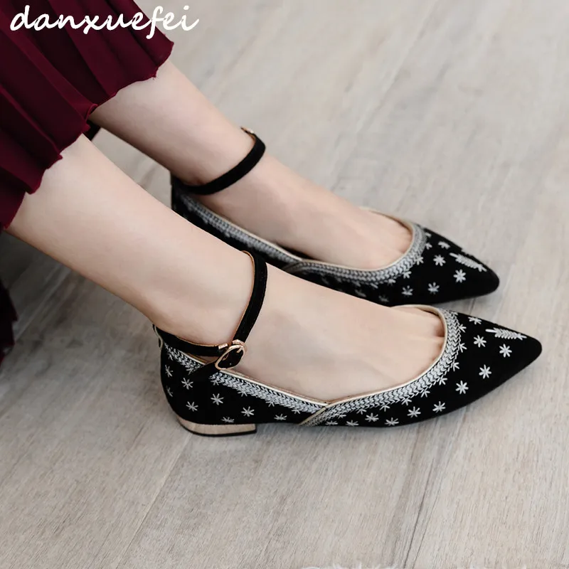 

3 Color women's genuine suede leather ankle strap flats Embroidered flowers female leisure ballerians high quality ballet shoes
