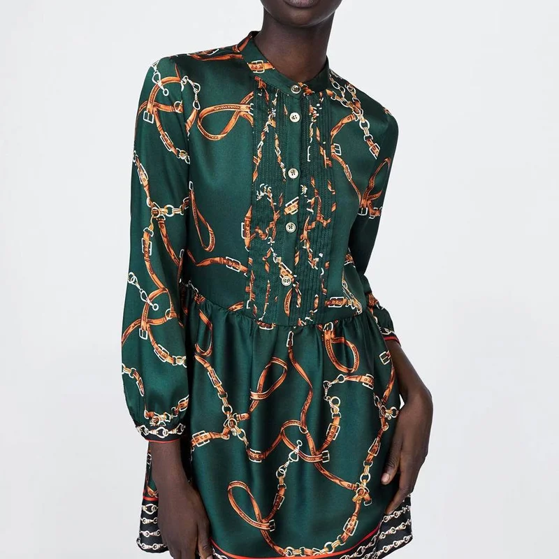 

Za 2019 Spring New Chain Printing Women Casual Green Mini Dress