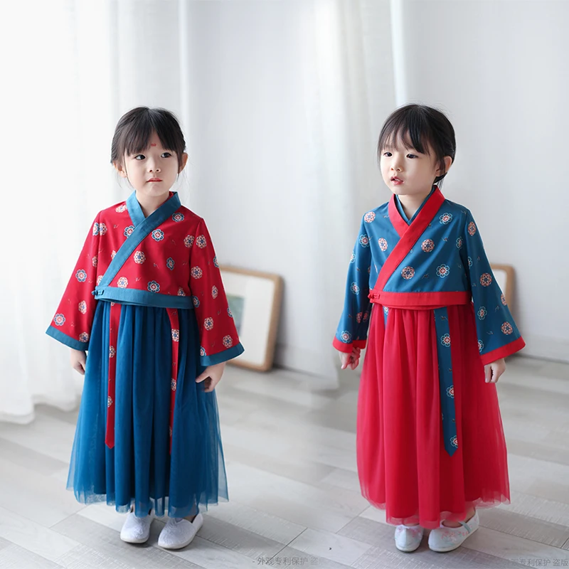 

Hanfu girls Chinese style 2019 spring and autumn new children's dress small shirt two-piece printing retro improvement for trip