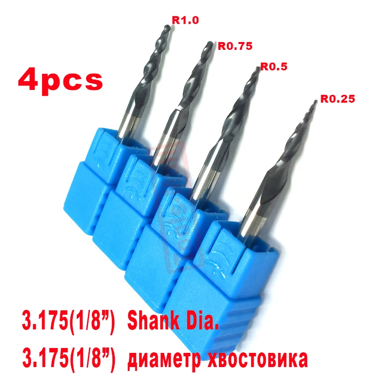 R0.25/&0.5/&0.75/&1.0mm with 1//8/" shank Solid Carbide Tapered Ball Nose end mills