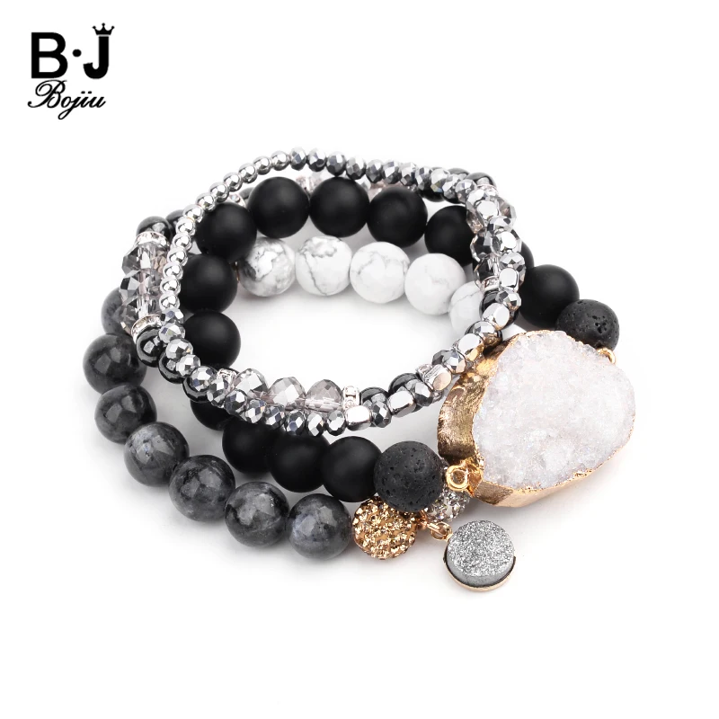 

BOJIU Natural Druzy Stone Bracelets Set For Women Black Plastic Beads Black Gun Hematite Howlite Ag. Crystal Bracelets BCSET284