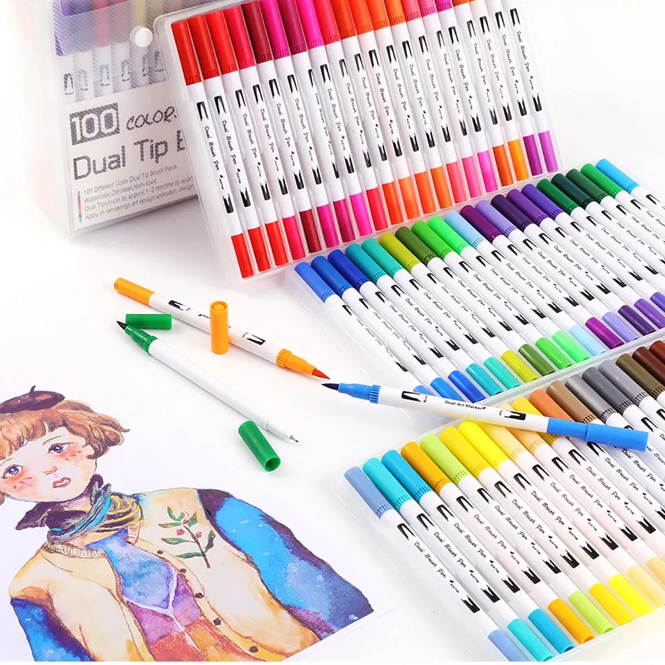 

12/18/24/36/48/72/100PCS Colors FineLiner Drawing Painting Watercolor Art Marker Pens Dual Tip Brush Pen School Art Supplies