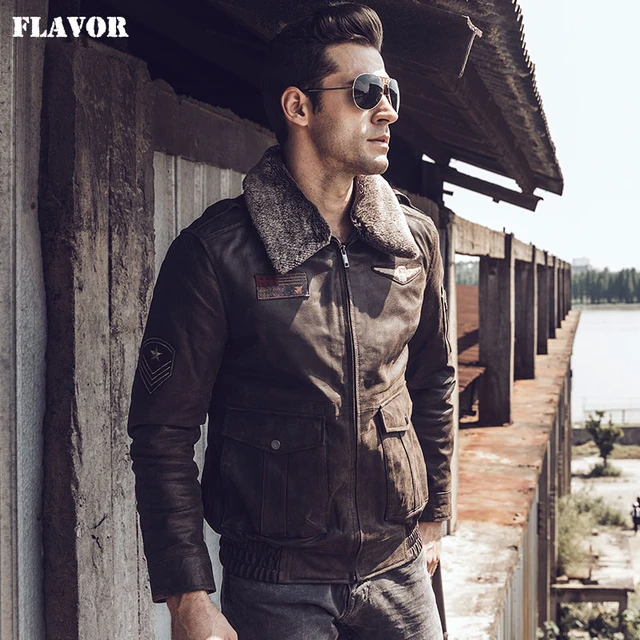 FLAVOR Men's Real Leather Bomber Jacket with Removable Fur Collar Aviator  at  Men’s Clothing store