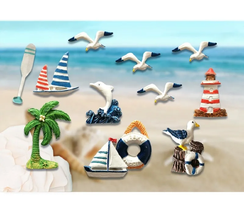 

Mediterranean Style Resin Fridge Magnet Decor Marine Life Buoy Lighthouse Watchtower Boat, cute cartoon 3D Fridge Magnet Sticker