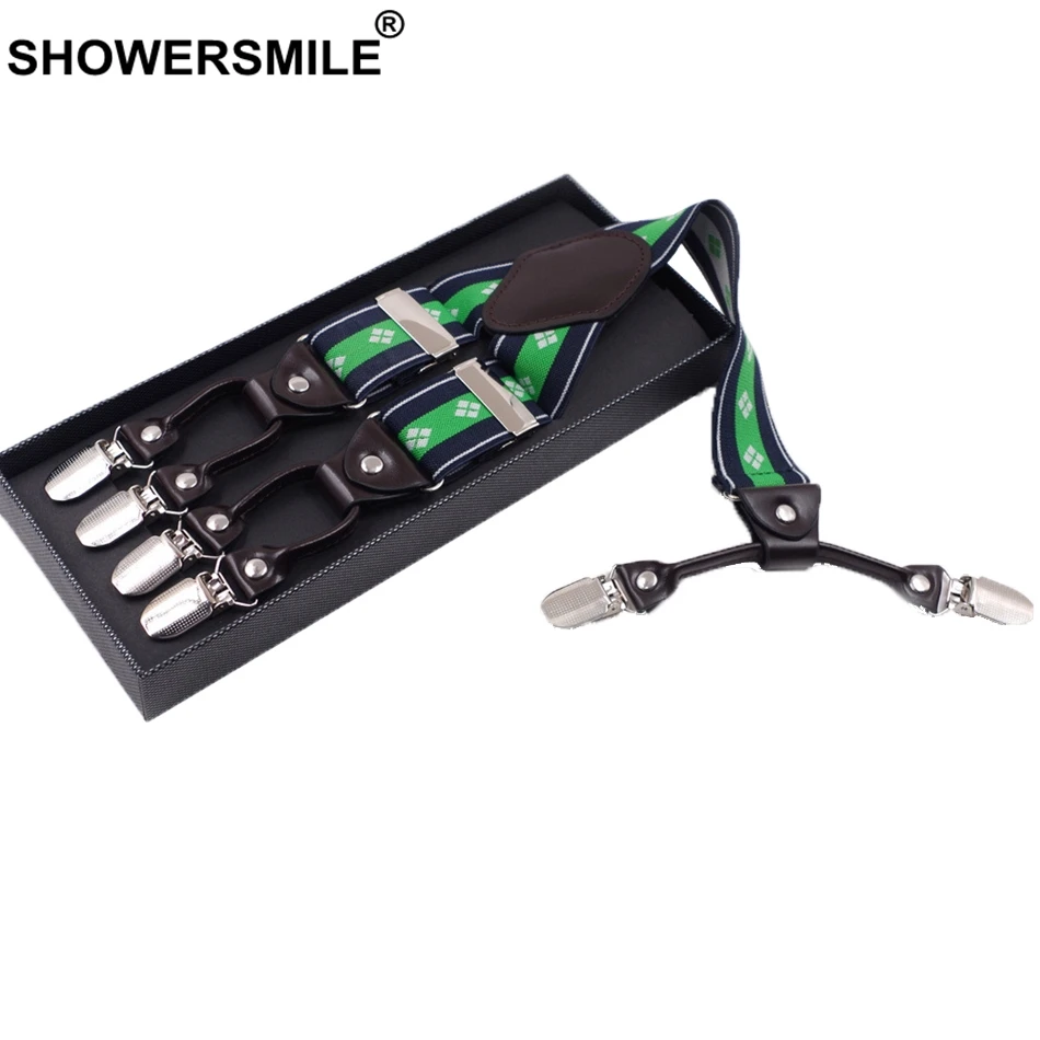 

SHOWERSMILE Suspender Belt 6 Clips Green Stripe White Argyle Mens Braces Elastic Plus Size Y Back 125cm Male Shirt Suspenders