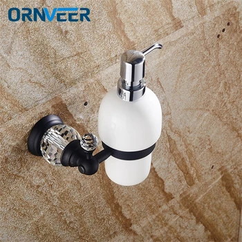 

Free Shipping Bathroom Black Liquid soap dispenser with crystal base wall soap dispenser with ceramic cup bathroom accessories