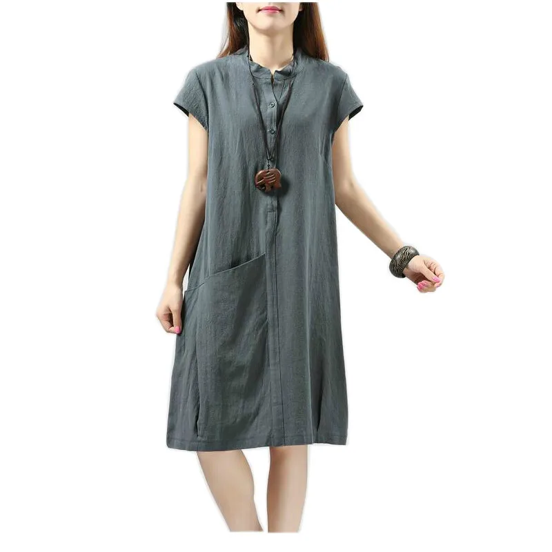 

Dress Summer Women Pockets 0-neck Loose Summer Dresses For Women White Black Knee-Length Short Sleeve Women Linen Dress