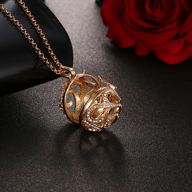 SHIYING Rhinestone circle pattern cage 4 colour for pregnant women baby Necklace With 16mm chime Balls we do production SYYF0123