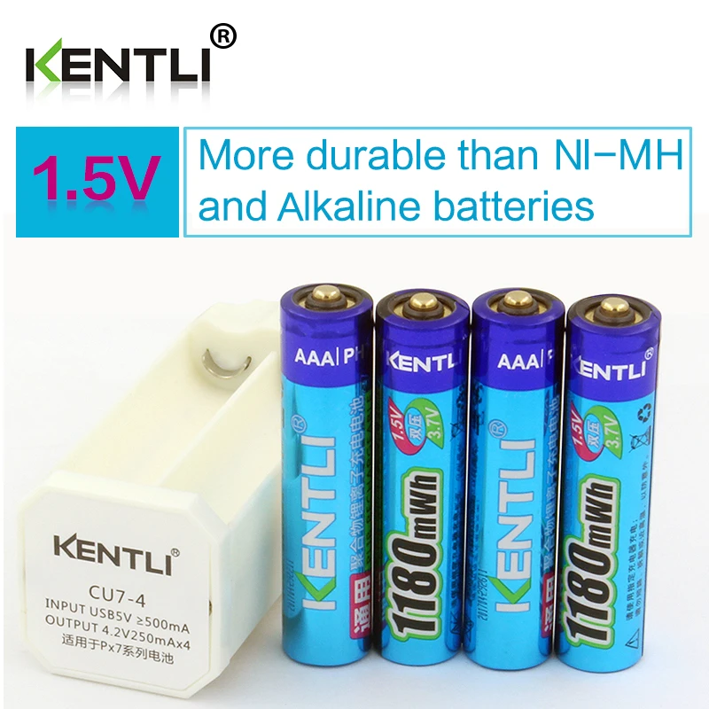 Beste KENTLI 4 stks lage zelfontlading 1.5 v 1180mWh AAA lithium ion oplaadbare batterij + 4 kanalen smart lithium lader